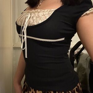 Black and Cream Lace Trim Top